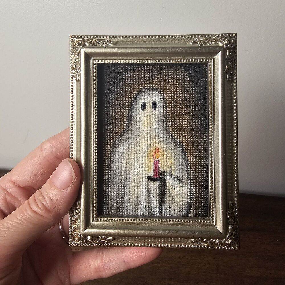 Vintage Miniature Ghost Oil Painting Signed Original Halloween Art Silver Frame